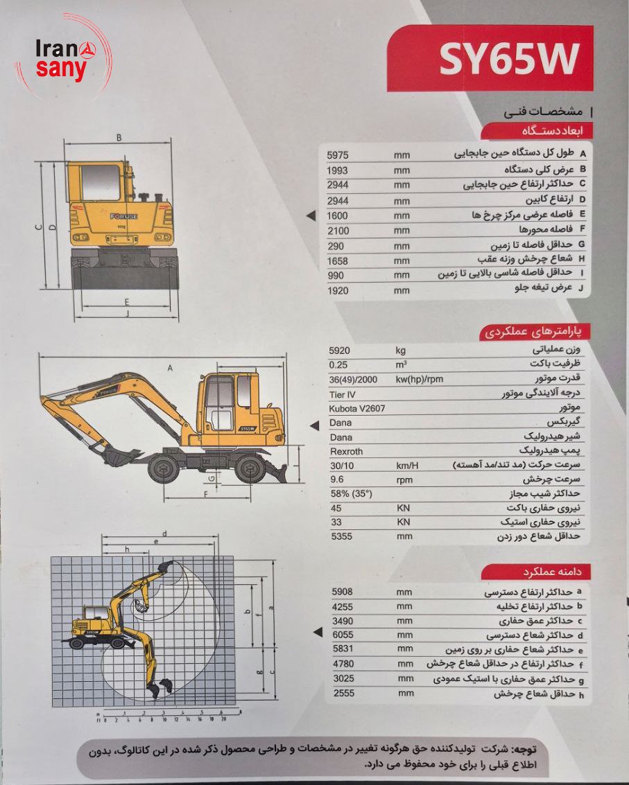 مینی بیل مکانیکی چرخ لاستیکی سانی SY65W | کاتالوگ مینی بیل سانی